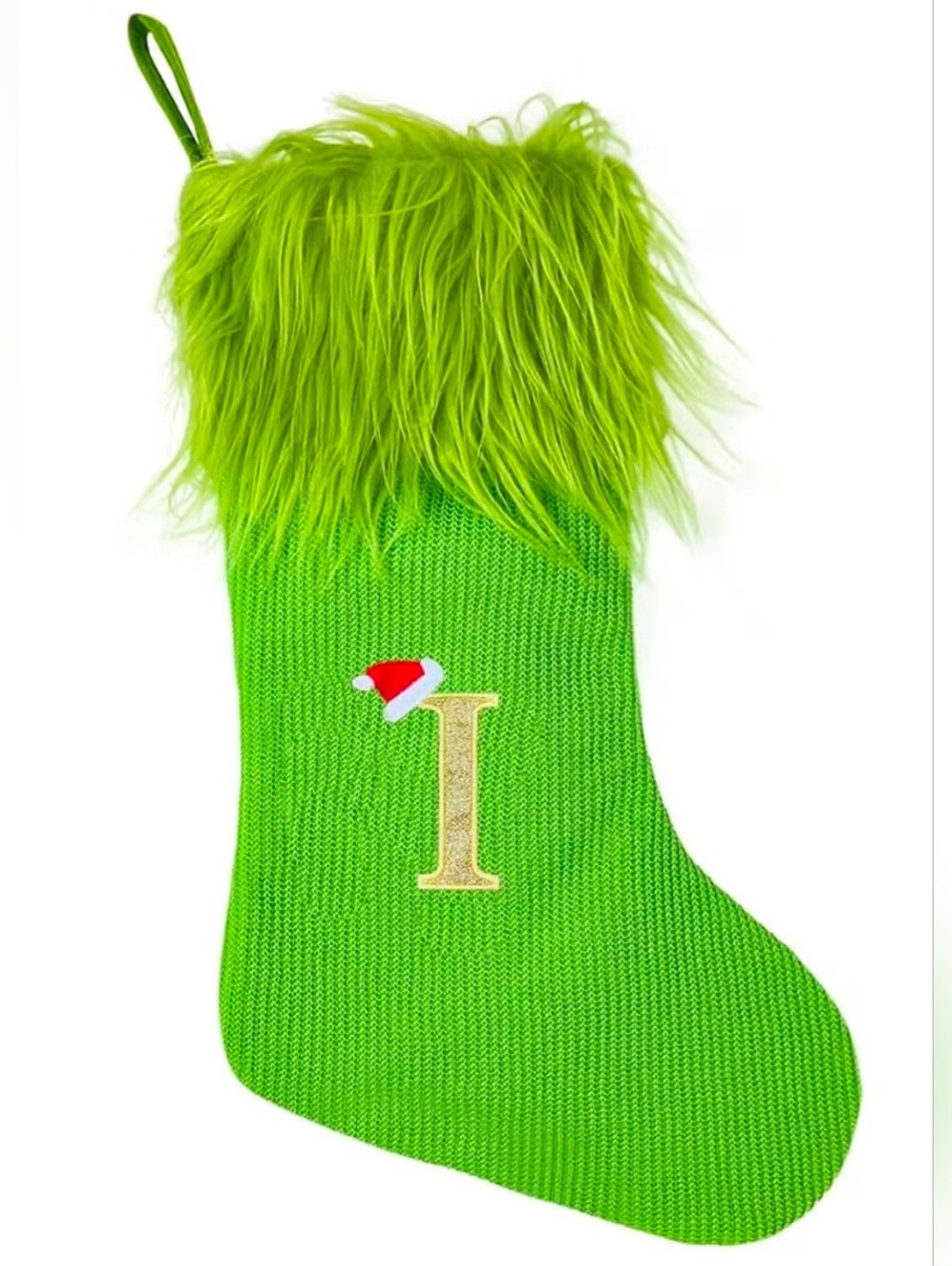 Festive Green Grinch Personalized Holiday Stocking "I" with Faux Fur Cuffs, EUC